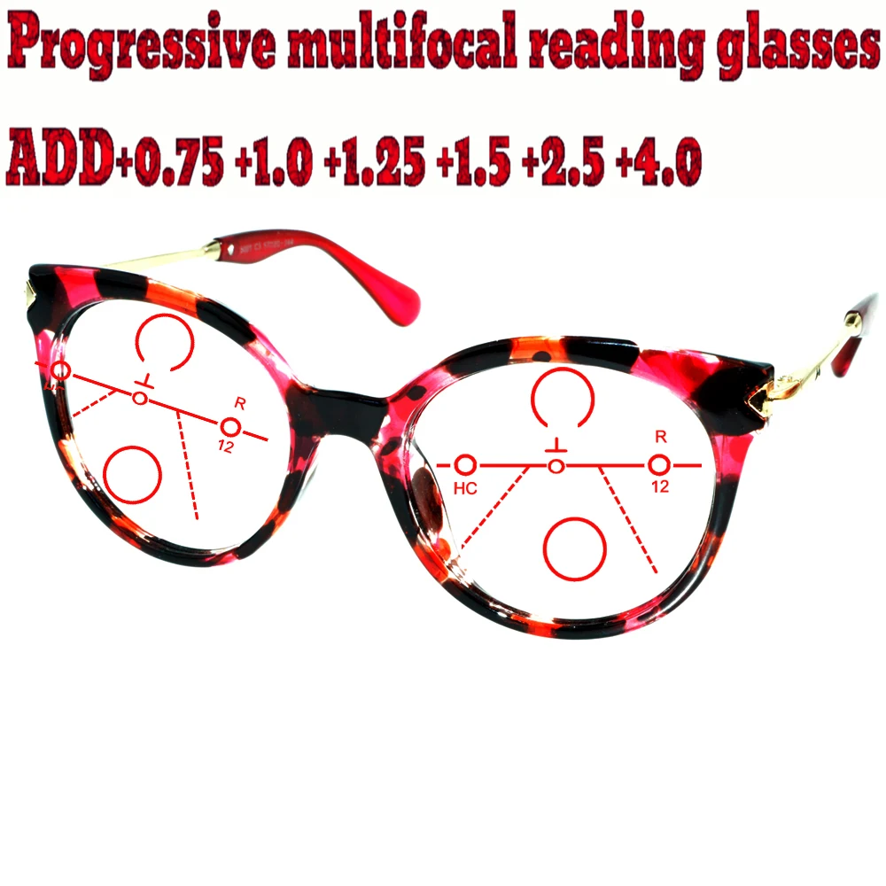 

Progressive Multifocal Anti Blu Light Reading Glasses Red Metal Frame Men Women High Quality Cat's Eye Large Size Frame+0.75To+4