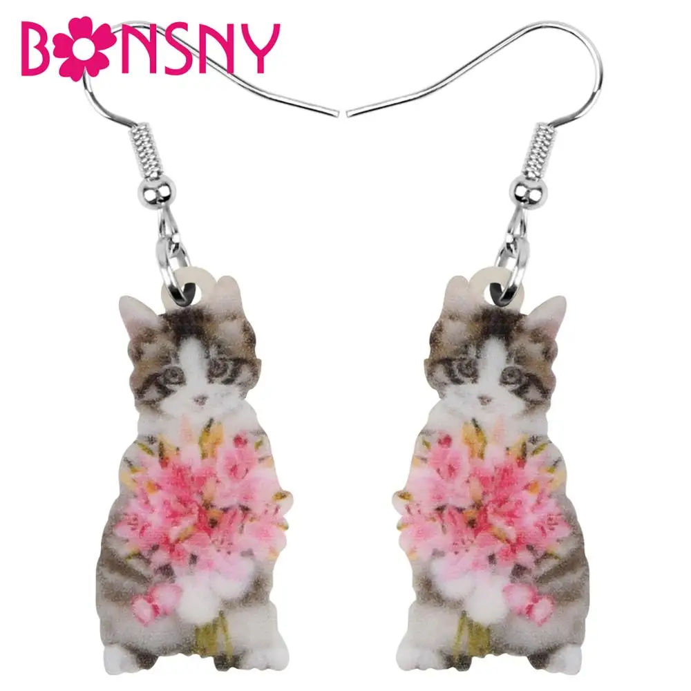 

Bonsny Acrylic Valentine's Day Flower Short Hair Cat Earrings Animal Drop Dangle Jewelry For Women Girls Teens Decorations Gift