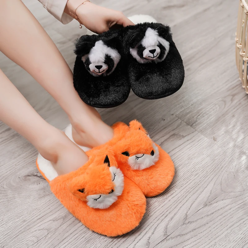 Winter Women Indoor Fox Slippers Flat Furry Home Cartoon Panda Slippers Unisex Couple Animal Warm Non-slip Flat Shoes