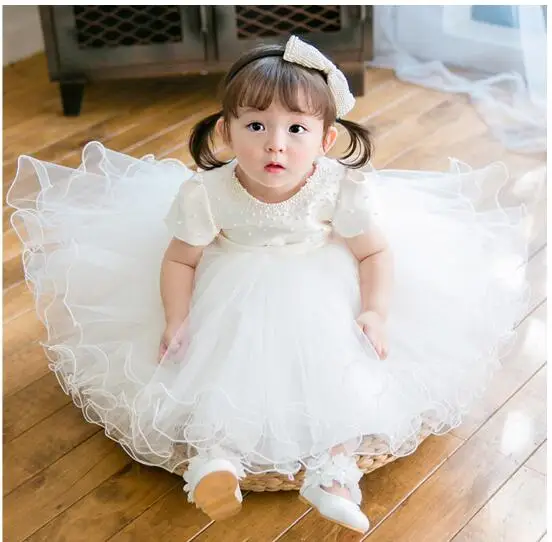 

White Lace Baby Girl Dress Beads Tulle Baptism Dress for Kids Princess 1 year Birthday Party Wedding Gown Baby Tutu Clothing
