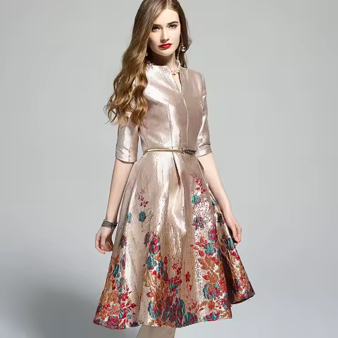 Summer Jacquard Women Luxury Dress New Year Slim Waist Knee-Length Dress Evening Club Maxi Clothing HT1750