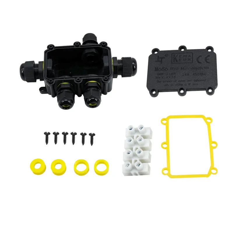 صندوق توصيل سلك مقاوم للماء موصل غدة كهربائي ، مانع الغلق ، خارجي ، طريقتان ، 3 طرق ، 24A ، V ، IP68 ، 6-12