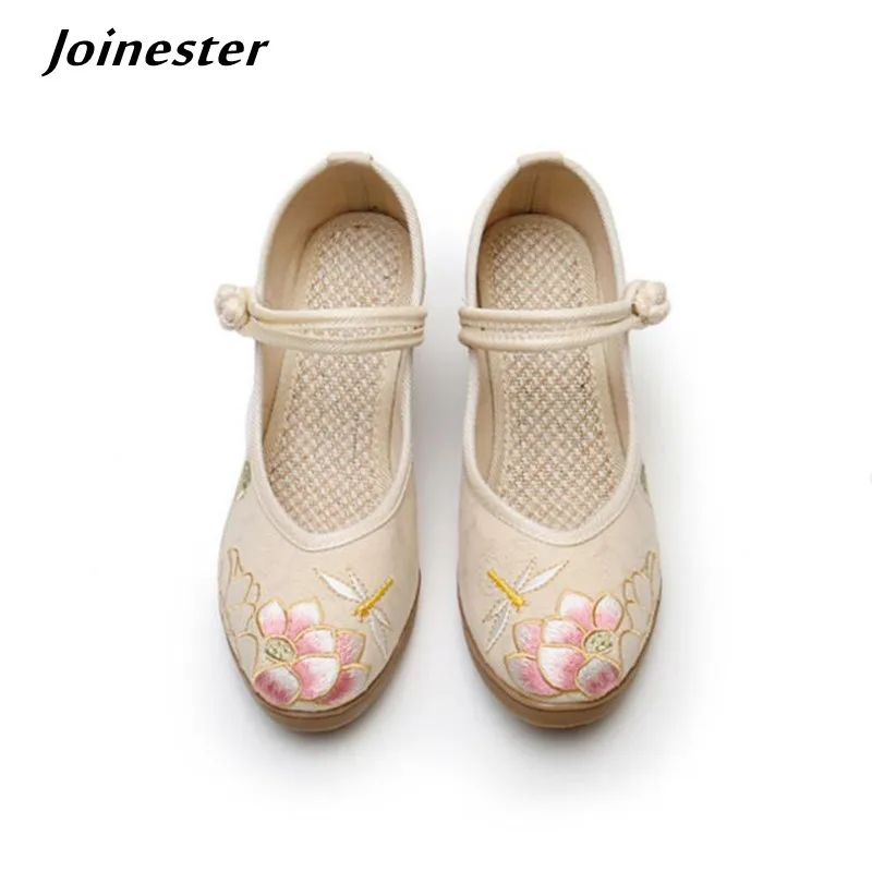 Summer Women Cotton Fabric Embroidered Pumps Ladies Vintage Button Mary Jane Dress Shoes Ethnic Cow Muscle Sole High Heels