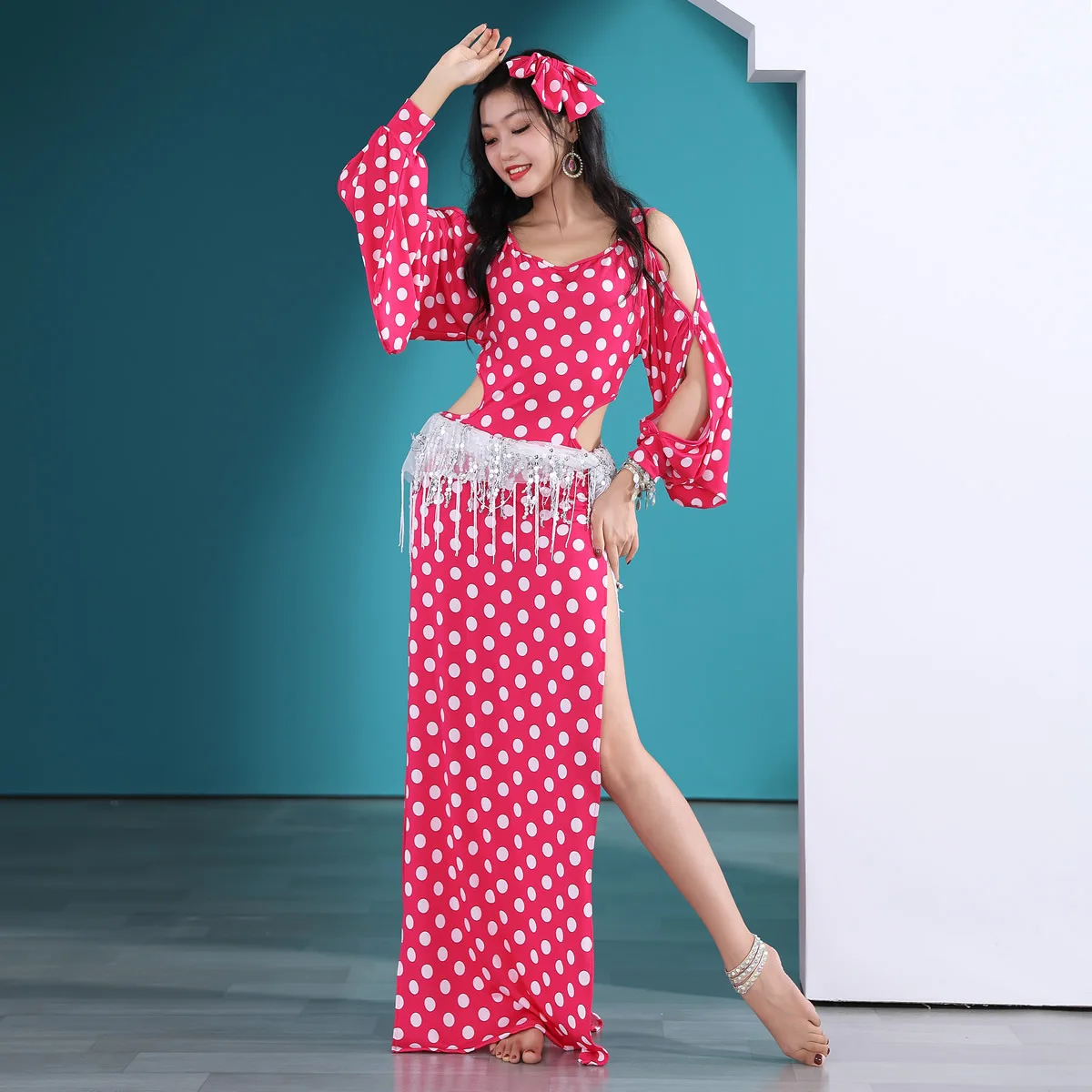 New Belly Dance Costume Female Baladi Wave Dot Gown Folk Performance Costume Oriental Dance Spring Cloth Style Practice Clothes