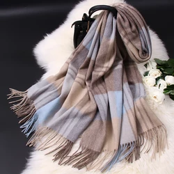 Bufanda de lana pura para mujer, chales de lujo a cuadros, Foulard cálido de Cachemira para invierno, 100%