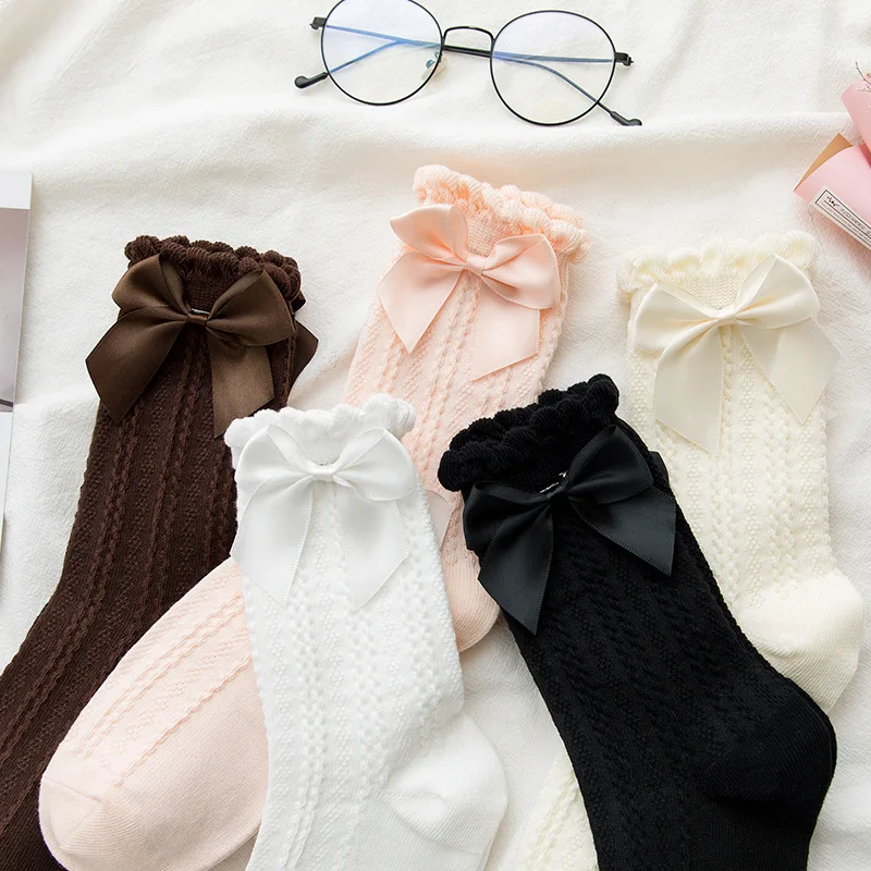 1 Pair Women Socks Ruffle Lolita Bow Socks Cosplay Costumes Accessories Medium Tube Comfortable Socks Cute Sweet Girl Gift