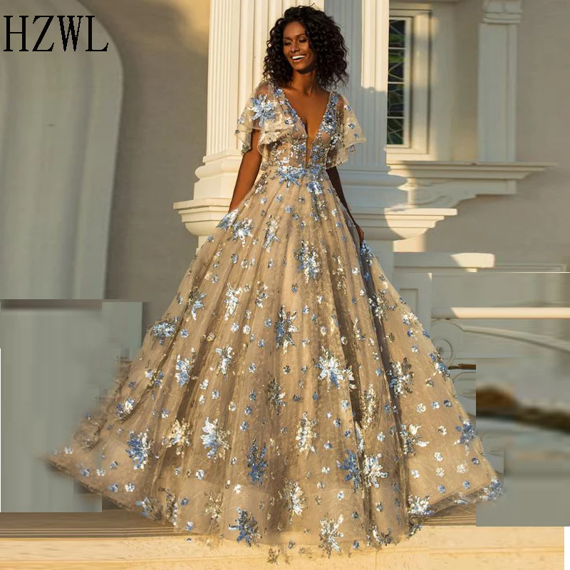 Robe de soirée en Tulle avec des appliques argentées, ligne a, col en v, manches courtes, dos nu, robe de bal, nouvelle mode, 2020