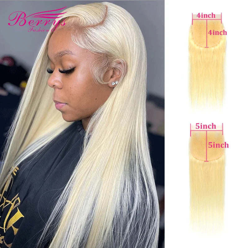 Berrys Fashion 5x5 Lace Closure Blonde 613 Peruvian Straight Human Hair 10-22Inch 4x4 Lace Closure Bleached Knot With Baby Hair