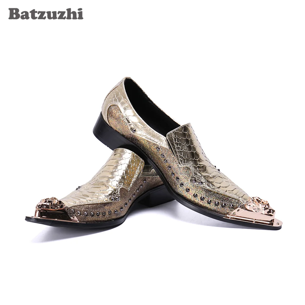 

Batzuzhi Gold Bling Fashion Gold Leather Dress Men Shoes Pointed Metal Tip for Men Business, Party & Wedding! Big Size EU38-46