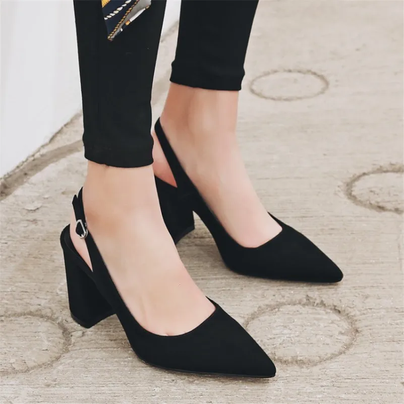 Meotina High Heels Women Pumps Kid Suede Square High Heel Slingbacks Shoes Real Leather Buckle Pointed Toe Shoes Lady Size 34-42