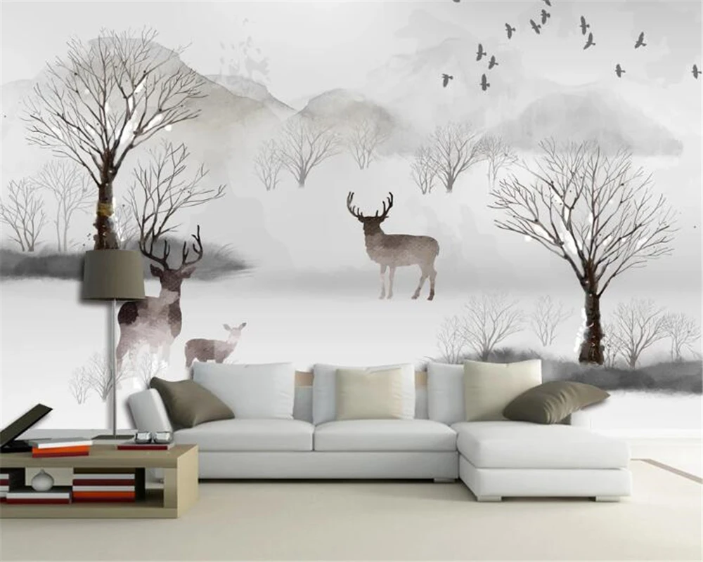 

Beibehang Custom wallpaper Nordic hand-painted forest elk flowers background wall decoration mural living room 3d wallpaper