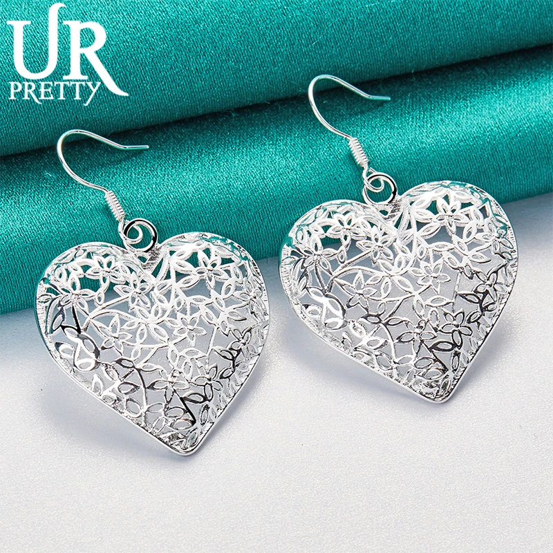 

URPRETTY New 925 Sterling Silver Love Heart Carved Drop Earring For Women Wedding Engagement Party Jewelry Charm Gift