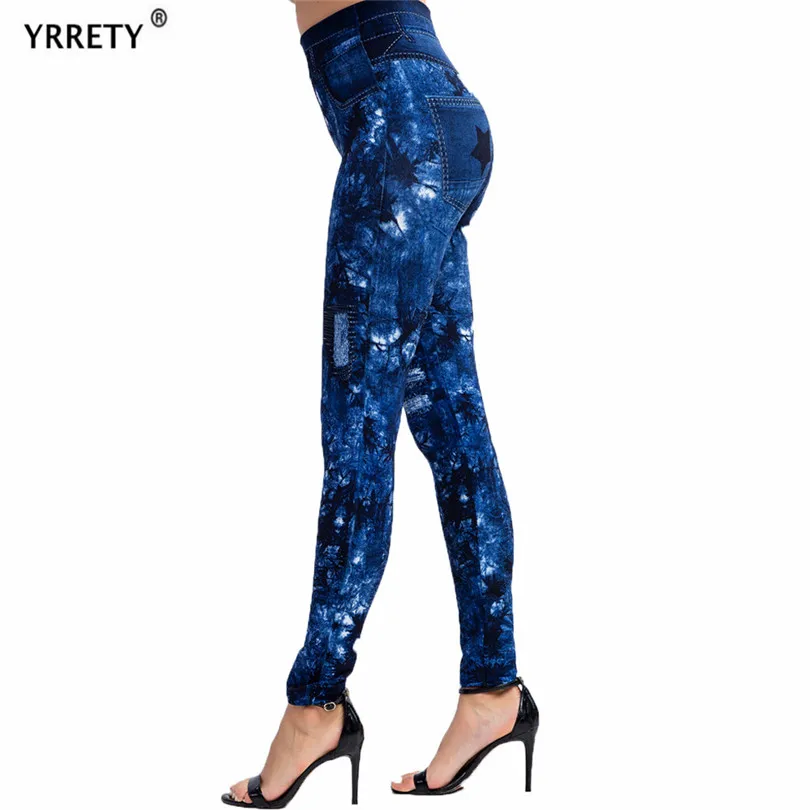 

Сексуальные Бесшовные Леггинсы YRRETY с имитацией джинсов, штаны с высокой талией для фитнеса, облегающие Женские Спортивные Леггинсы с эффектом пуш-ап и принтом листьев и звезд