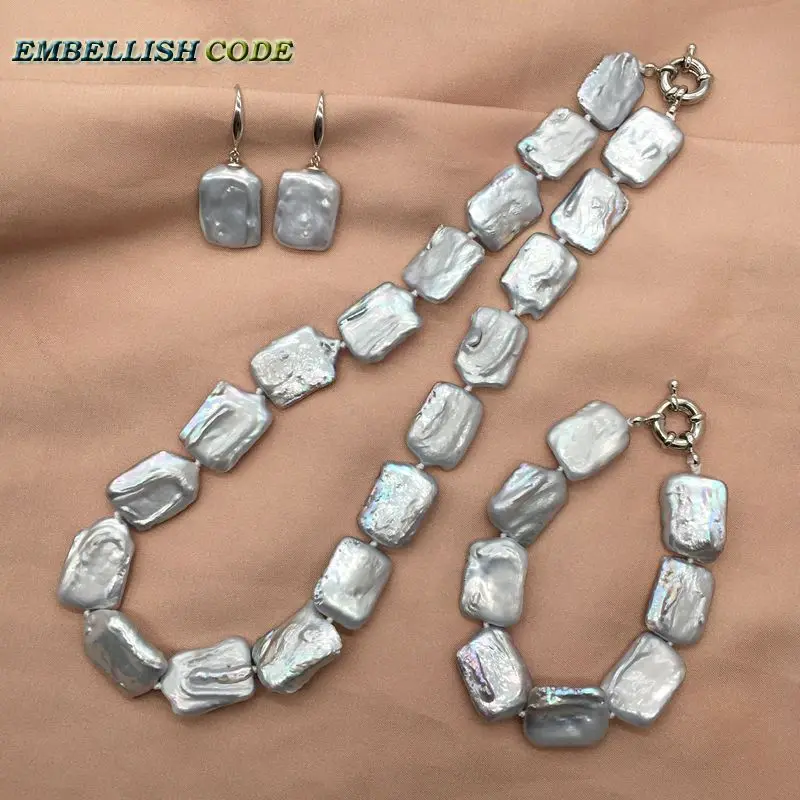 

Rectangle baroque pearl statement necklace bracelet bangle hook earrings set gray flat square shape pearls special jewelry set