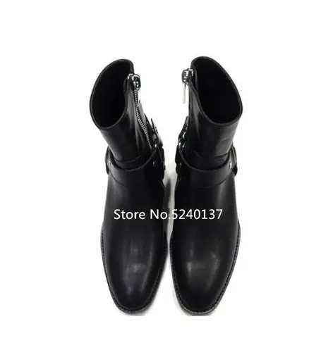 European Suede/Leather Men Mid-calf Boots Buckle Strap Chains Side Zip Autumn/Winter Western Boots Men