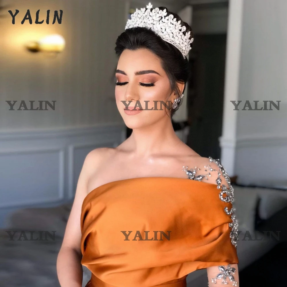 Robe de Soirée Arabe en Satin Orange, Personnalisée, Musulmane, à Manches Perlées, Sur Mesure, Formelle, pour Mariage