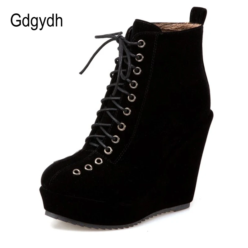 Gdgydh Lace Up Platform Women Ankle Boots Short Winter Shoes Suede Wedge Heels Black Punk Gothic Female Footwear High Quality