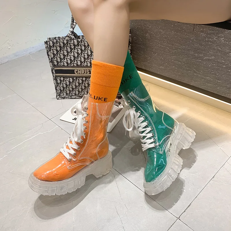 

Fashion Women Pu Transparent Platform Boots Waterproof Ankle Boots Feminine Clear Heel Short Boots Sexy Female Rain Shoes2021