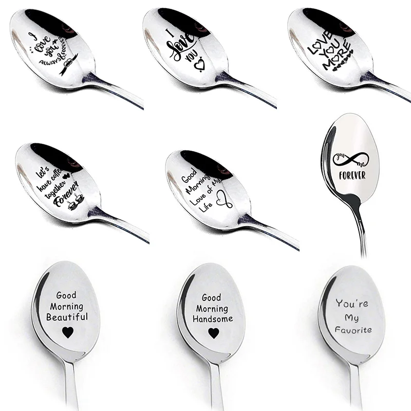 1Pc Stainless Steel Spoon Cutlery Unique Valentine's Day Personalized Spoon Ettuce Dessert Salad Spoon for Friends Family Lover