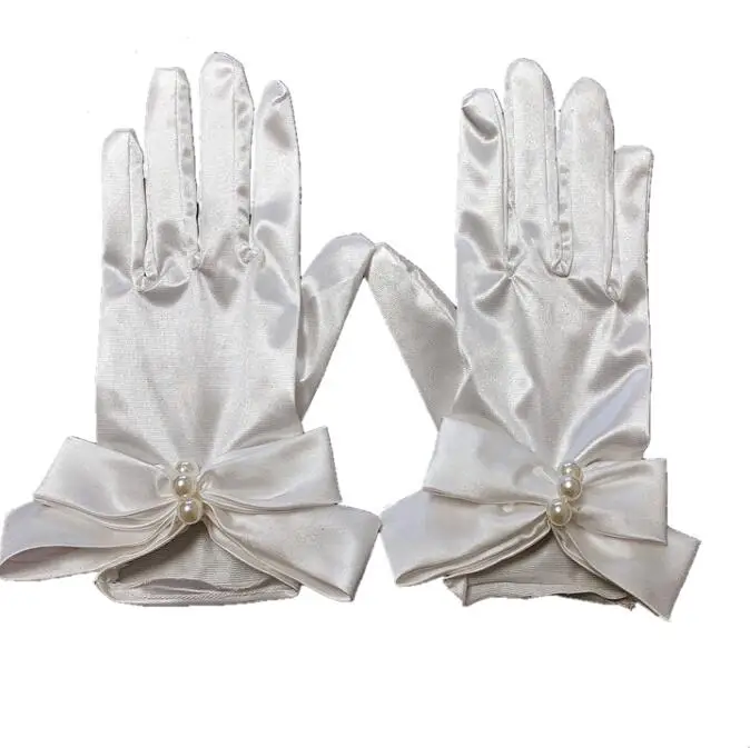 Women's elegant bow pearl beaded party dancing satin glove female spring summer sunscreen driving glove R2818