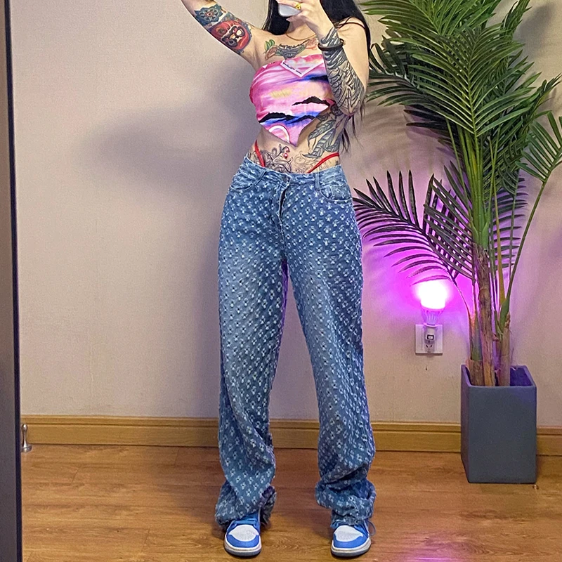 Small Hole Fashion Jeans Hip Hop Chic Steetwear E-girl Urban Casual Trousers Punk Wide Leg Straight Jeans Street Hipper Femme