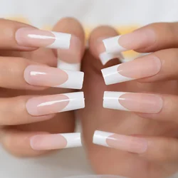 24pcs Long Square Fake Nails Nude White French Tip Press On Nails Full Cover Glossy Gel False Nail Art Manicure for Women