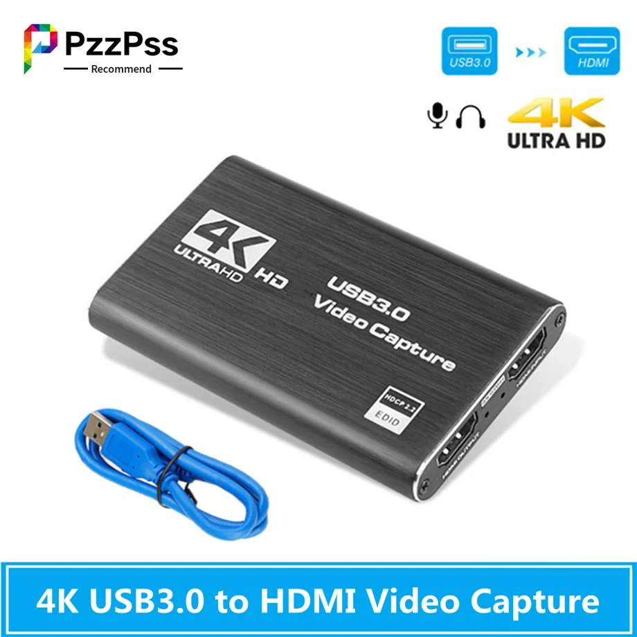 PzzPss 4K USB 3.0 Video Capture Card HDMI-compatible 1080P 60fps HD Video Recorder Grabber For OBS Capturing Game Card Live