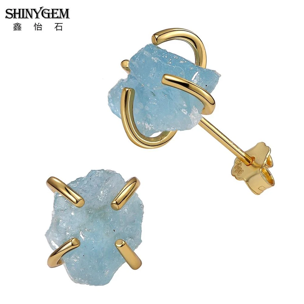 ShinyGem Random 7*12mm Irregular Natural AquamarineStud Earrings 925 Silver Gold Plating Charm Blue Gem Stone Earrings For Women