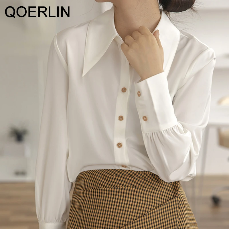 QOERLIN OL Stylish Satin White Shirt Elegant Formal Blouse Luxury Women Shirts Buttons Cuff Long Sleeve Office Tops Black Blouse