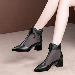 FHC Hollow Out Sandals Boots Woman,Summer High Heels Mesh Shoes,Back Zipper,Bowtie,Pointed Toe,Female Footware,BLACK,Dropship