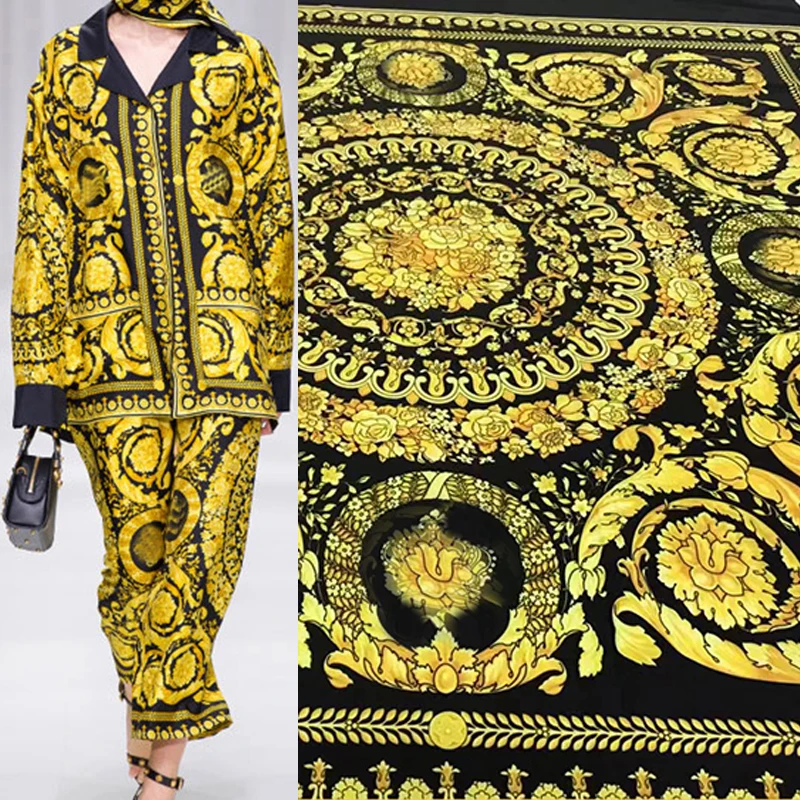 100x145cm Baroque Gold Flower Printed Imitate Silk Satin Fabric For Woman Dress Blouse Pajamas Tissu Tela Хлопок материал DIY