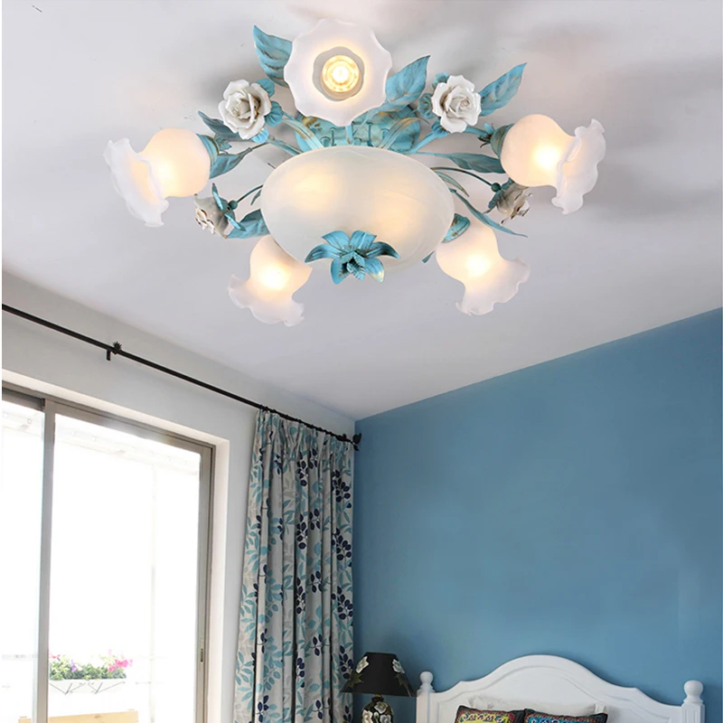 American Ceramic Living Room Ceiling Lights Flowers Roses Ceiling Lamp Mediterranean Blue Lamps Led Ceiling Light For Bedroom