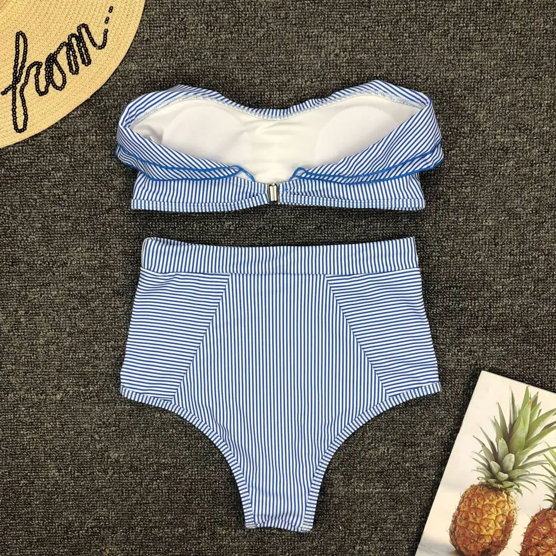 Bikini Bandeau con rayas blancas y azules para mujer, traje de baño de cintura alta con volantes, fruncido, 2023