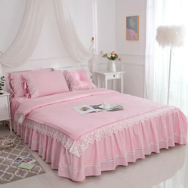 

100% Cotton Pink Bedding Set Korean Princess Hollow Out Lace Solid Duvet Cover Bedspread Bed Skirt Linen Pillowcase Home Textile