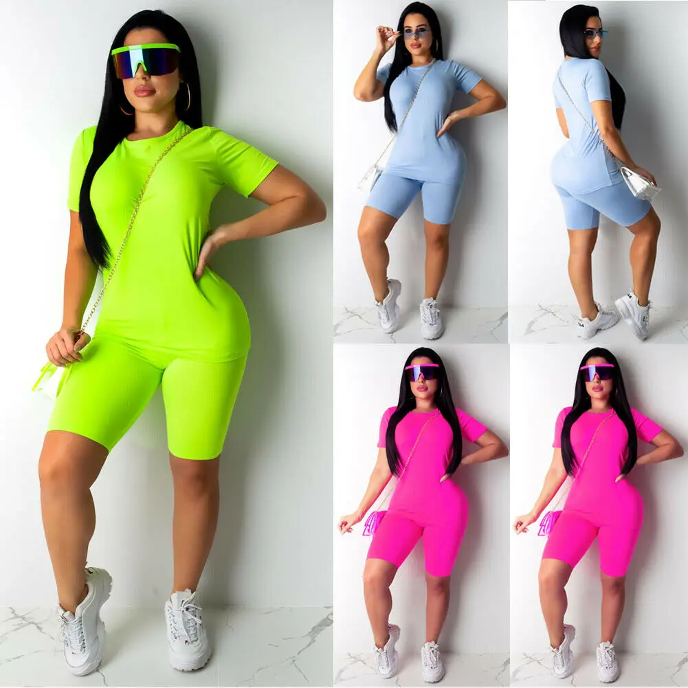 Hirigin 2 pçs/set feminino esportes terno neon topo calças curtas roupas de treino treino moda verão outfit senhoras casuais 2 pcs conjunto