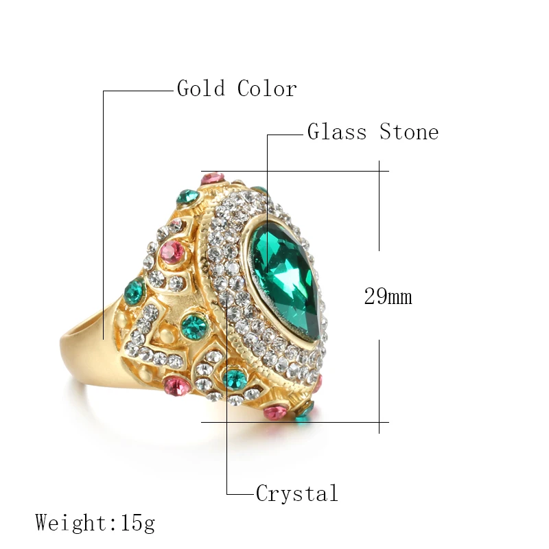 Kinel Fashion Boho Ring Female Water Drop Green Glass Big Rings Gold Color Vintage Wedding Party Jewelry Drop Shipping