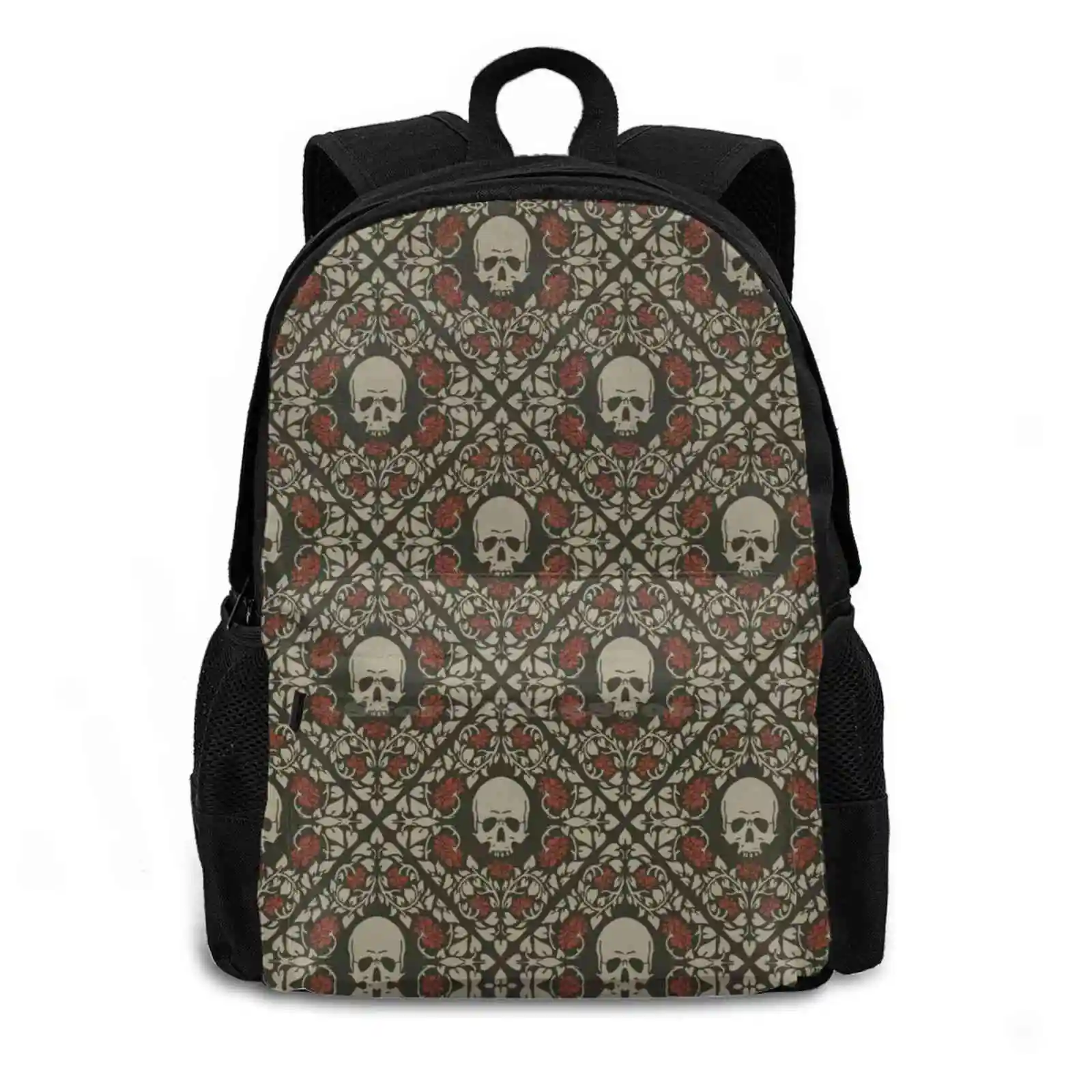 Skulls And Roses Hot Sale Schoolbag Backpack Fashion Bags Skull Roses Pattern Dark Mood Halloween Hallows Eve Mystery Gothic