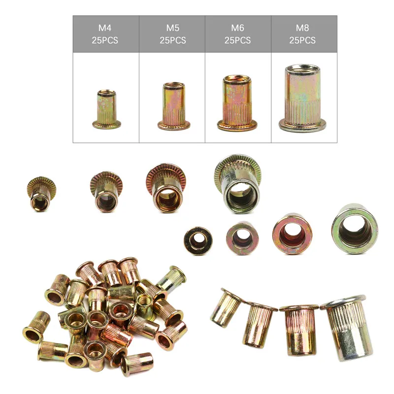 100Pcs Carbon Steel Flat Head Rivet Nuts M4 M5 M6 M8 Rivet Nuts Set Nuts Insert Riveting Mix Set