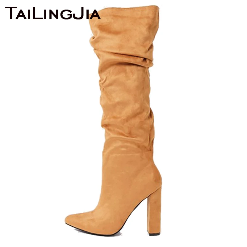 

Winter Long Boots for Women 2024 Chunky Heel Knee Boot Ladies Brown Faux Suede Boot Large Size Pointed Toe Block Heel Shoes New