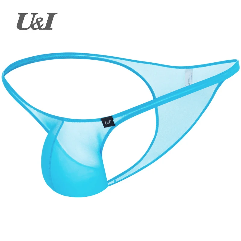 U&I sexy briefs men's thin elastic nylon ultra low waist scrotum support bikini half pack men's underwear