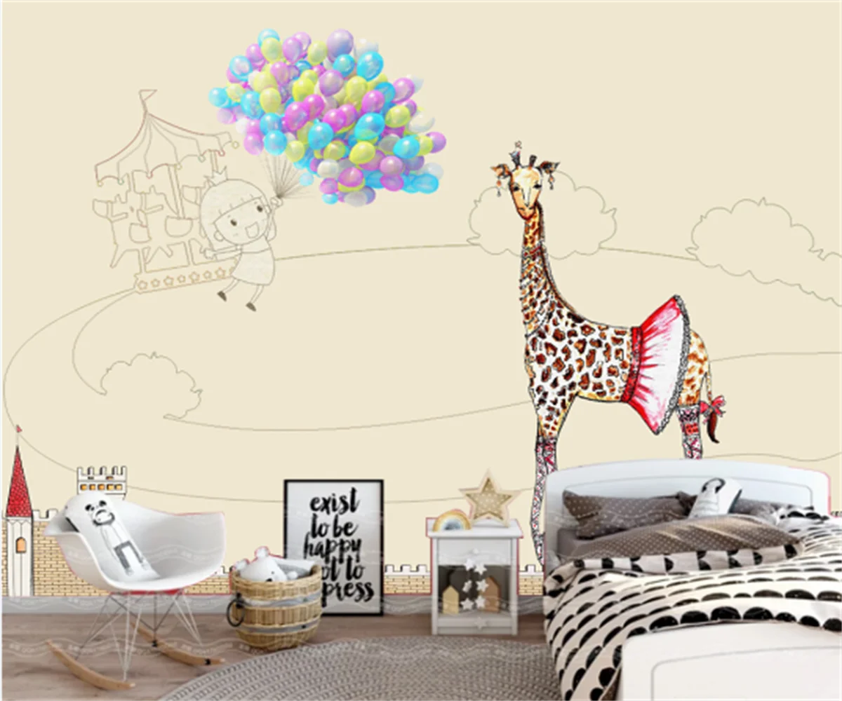 European-style giraffe castle children's house background wallpaper American cartoon girls bedroom decoration custom photo mural