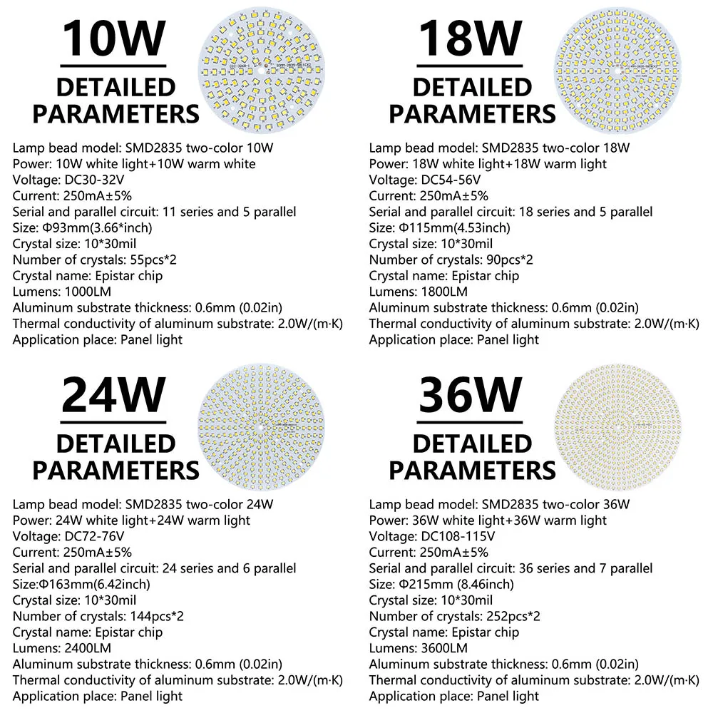 LED Light Board 10W 18W 24W 36W Two-Color LED Chip Source SMD2835 Lamp Bead 250mA Constant Current Input Diode For Panel Light