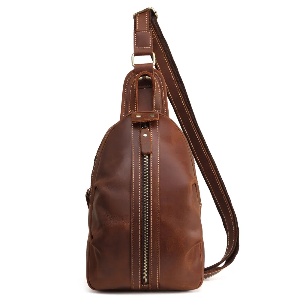 SF068 Mens Boys Messenger Shoulder Bag Sling Bag Chest Case Crossbody Bags Vintage Real Cow Leather Leisure Casual Brown Zipper