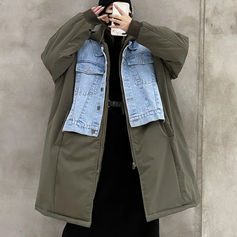 Style Korean Denim Spliced Fake Two Padded Coat Womens Casual Long Wide-Waisted Zippers Pockets High Street Hooded Jackets