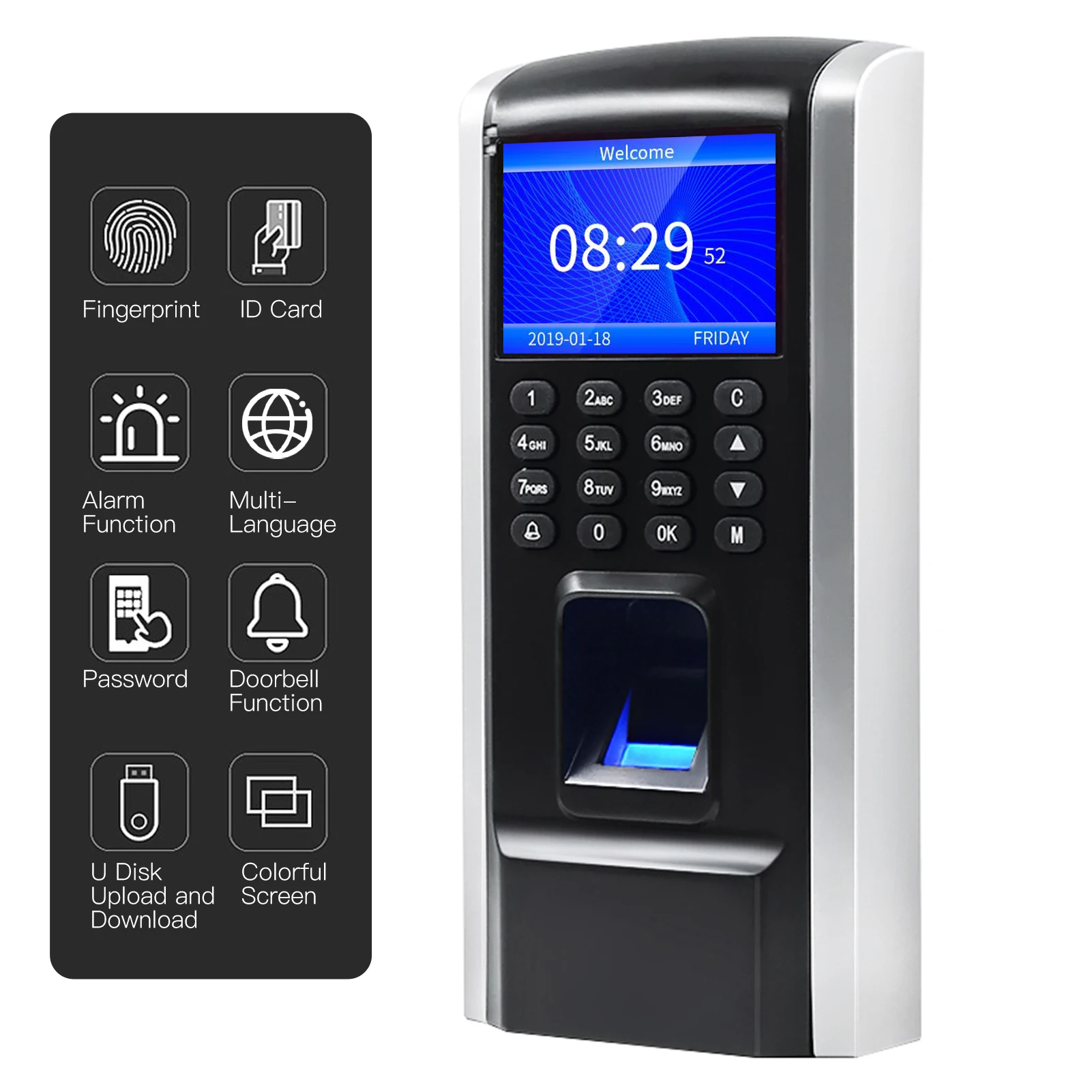 Fingerprint Access Control Time Attendance Machine Biometric Time Clock Checking-in Recorder Fingerprint/Password Recognition