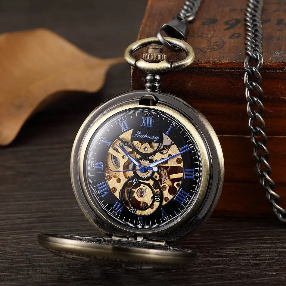 Bronze Silver Mechanical Pocket Watches Mens Steampunk Skeleton Fob Watches Clip Chain Clock Gifts For Men Reloj De Bolsillo
