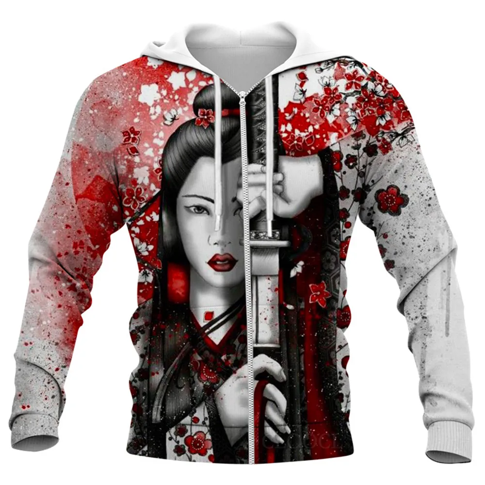 HX Sakura Samurai Zip Hoodies 3D Graphic Samurai Culture Hoodie Casual Coat Harajuku Sweatshirts Men Clothing