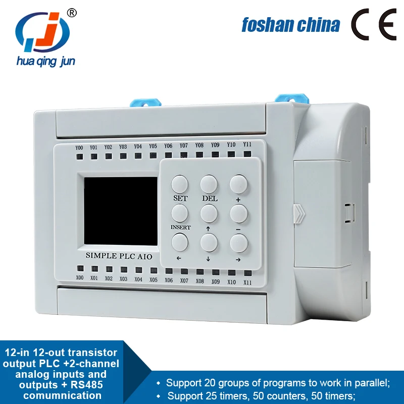 Huaqingjun 12DI 12DO Transistor Output PLC 2-Channel Analog Inputs Outputs 0-10V 0-20mA RS485 Modbus RTU PLC for Automation