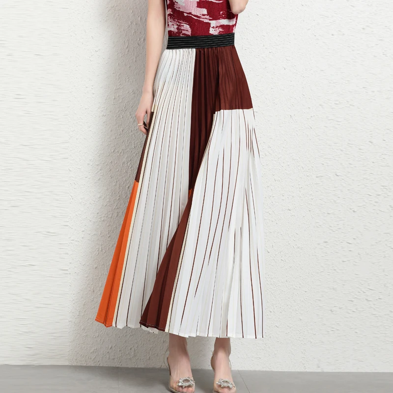 

2021 Spring and Summer New Printed Skirt miyake pleated Western-style A-line Skirt folda Niche Retro Waist Long Skirt for woman