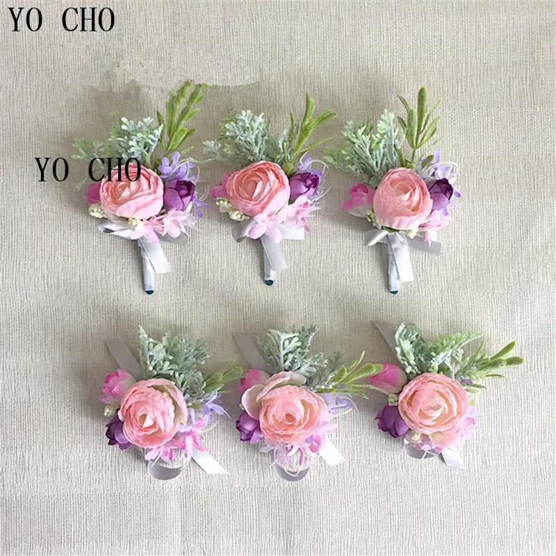 YO CHO Exquisite Silk Rose Decor แต่งงาน Boutonniere และเข็มกลัดประดิษฐ์ดอกไม้ข้อมือ Corsage สำหรับ Bridesmaids